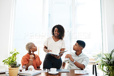 Buy stock photo Business people, collaboration and meeting with discussion in office for market strategy, brainstorming and creative ideas. Professional, employees or teamwork with communication for planning project