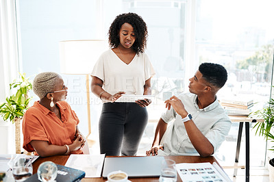 Buy stock photo Business people, collaboration and discussion with tablet in office for market strategy, brainstorming and creative ideas. Professional, employees and meeting with digital tech for planning project