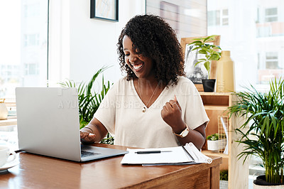 Buy stock photo African woman, celebration and laptop in office with smile for success, goal and announcement for promotion. Person, computer and happy with cheers, fist and progress with project at creative agency