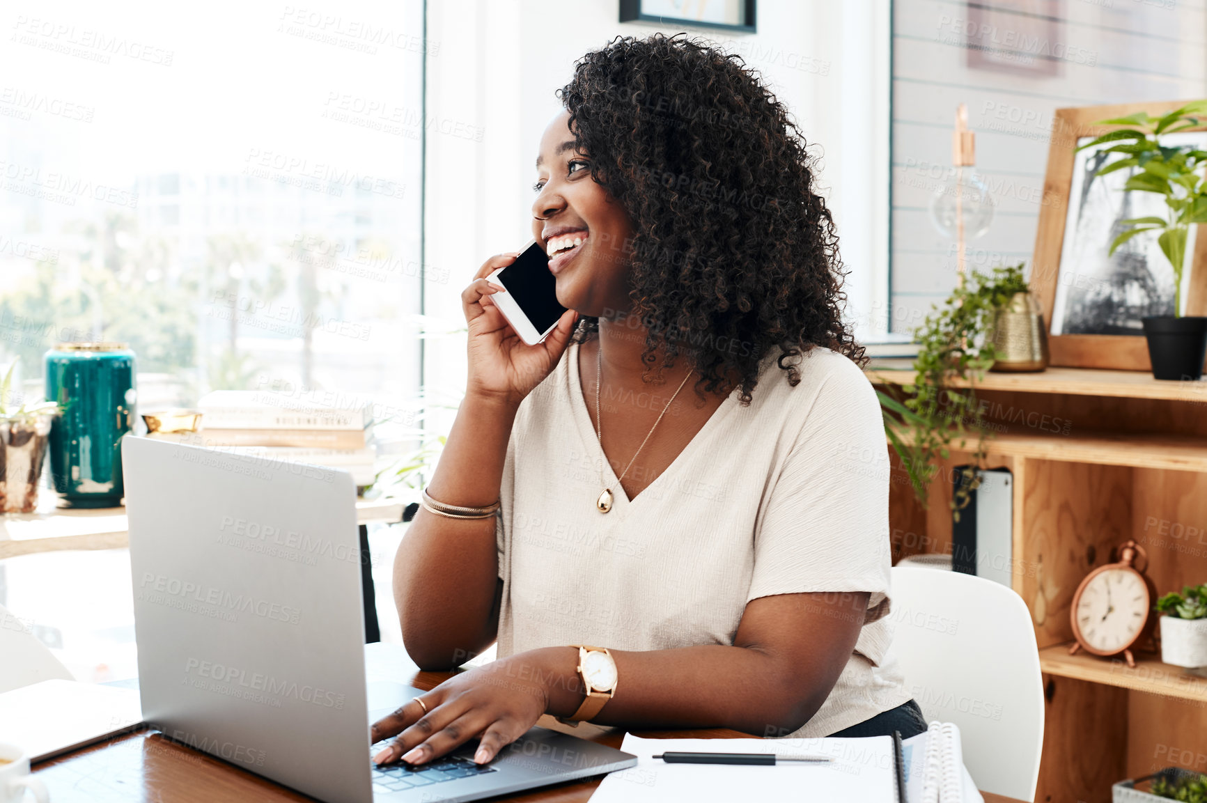 Buy stock photo Phone call, black woman and laptop in office for research, planning and talking to contact for article info. Thinking, journalist and digital with cellphone for mobile app, results and publication