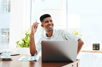 Buy stock photo Creative, thinking and black man in office with laptop, smile and paperwork for research at digital agency. Notes, computer and happy consultant at desk with design inspiration, opportunity or ideas