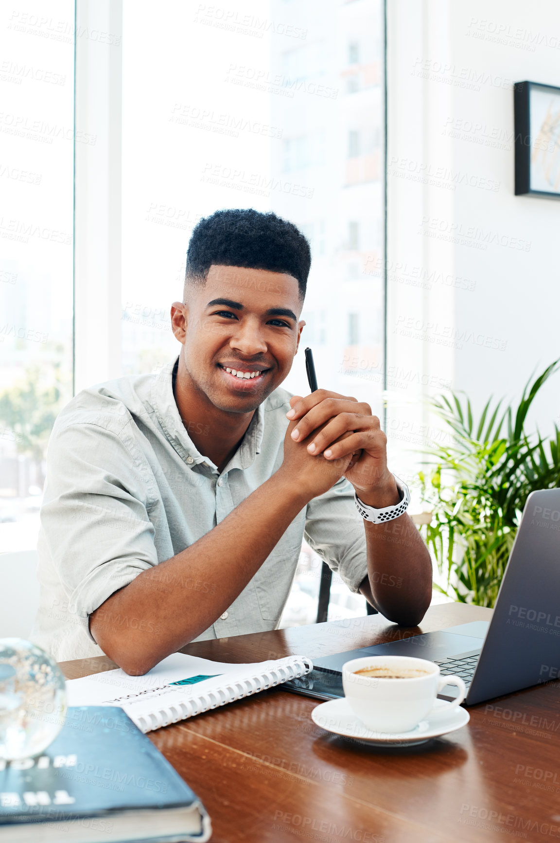 Buy stock photo Smile, professional and portrait of black man at desk with laptop, files and confidence business growth. Planning, research and happy consultant in office with opportunity in project management job