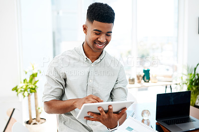 Buy stock photo Happy, tablet and businessman in office for web design, online networking and planning for project. Creative company, digital agency and person on technology for user interface, research and website