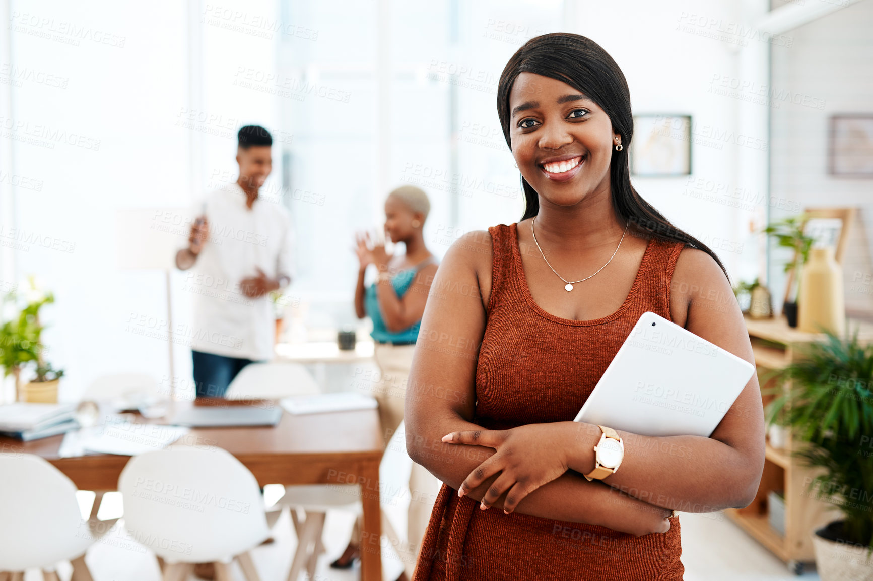 Buy stock photo Smile, tablet and portrait of black woman at design business with leadership, confidence and opportunity. Happy, professional and consultant with project management, creative planning at starup