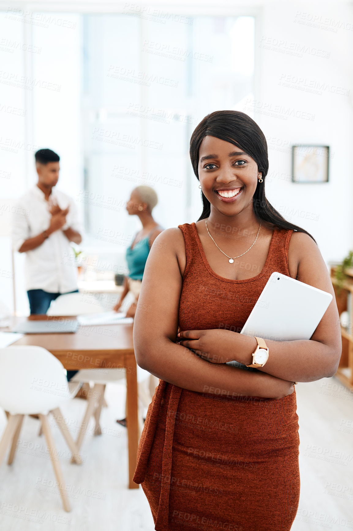 Buy stock photo Smile, tablet and portrait of black woman in coworking space at creative agency with confidence in business. Happy, professional designer and consultant with tech, opportunity or project management