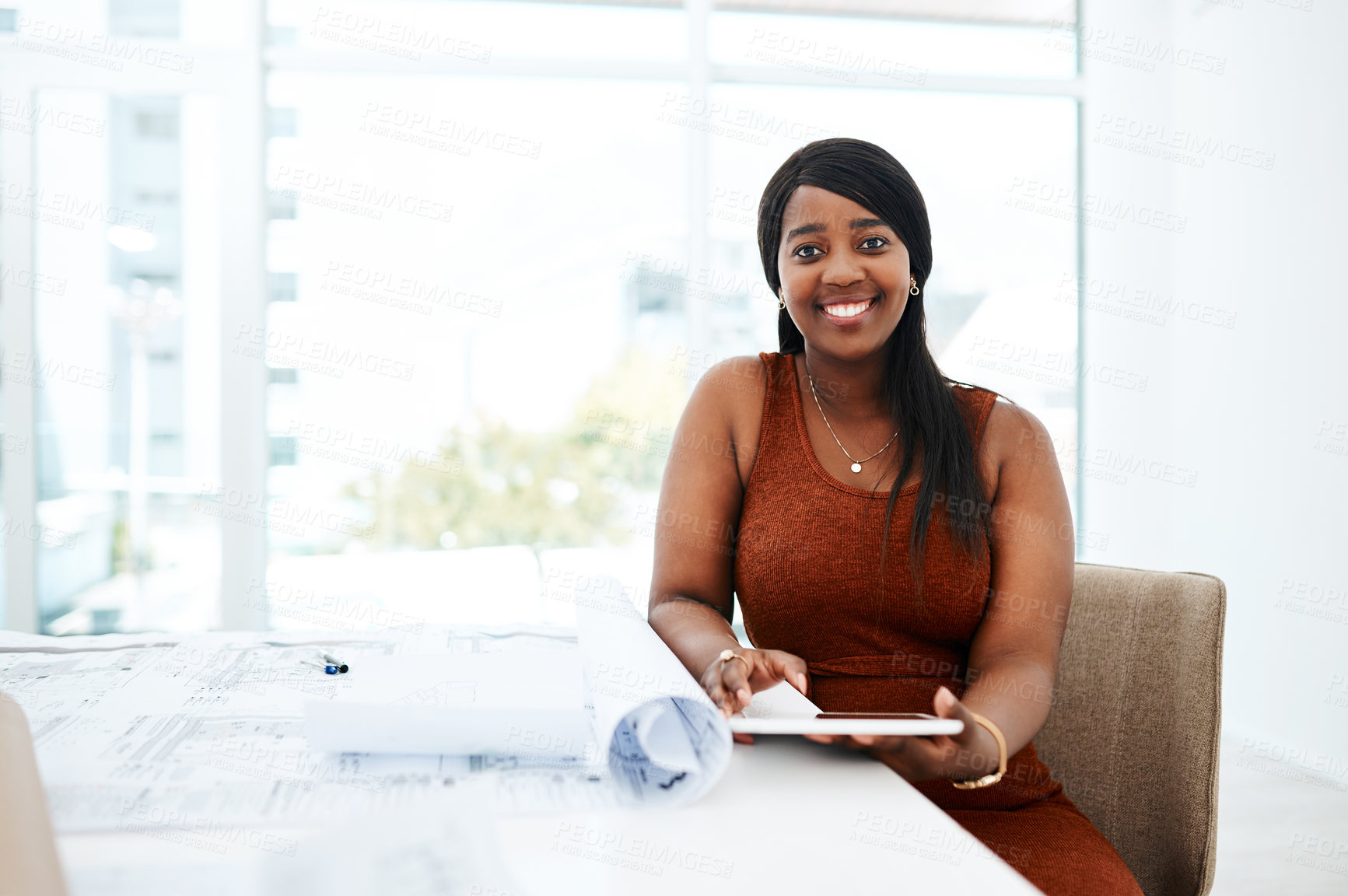 Buy stock photo Smile, architecture and portrait of black woman at desk with paperwork, tablet and creative at small business. Blueprint, planning and happy designer in office with confidence in project management