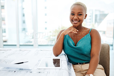 Buy stock photo Happy, architecture and portrait of black woman at desk with paperwork, tablet and creative business planning. Blueprint, smile and designer in office with confidence in project management growth