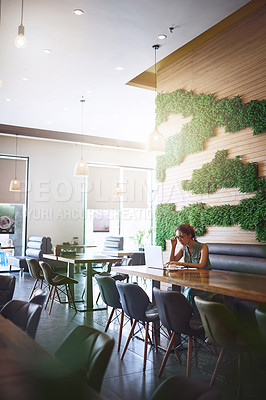 Buy stock photo Coffee shop, reading and woman on laptop for remote work, freelance career and job in restaurant. Copy editor, cafeteria and person on computer for online project, website and research for report