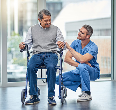 Buy stock photo Shot of a nurse helping a senior man with a walker