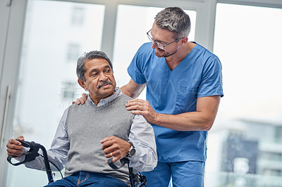 Buy stock photo Shot of a nurse helping a senior man with a walker