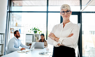Buy stock photo Portrait of a pregnant businesswoman standing in an office with her colleagues in the background