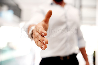 Buy stock photo Closeup shot of an unrecognisable businessman extending a handshake