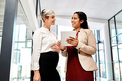 Buy stock photo Shot of two businesswomen using a digital tablet together in an office