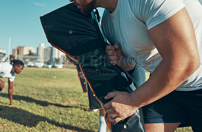 Buy stock photo Rugby, tackle closeup and players in practice training, competition or game routine. Pushing power, professional athletes or strong men on field for outdoor sports skills, workout or fitness exercise