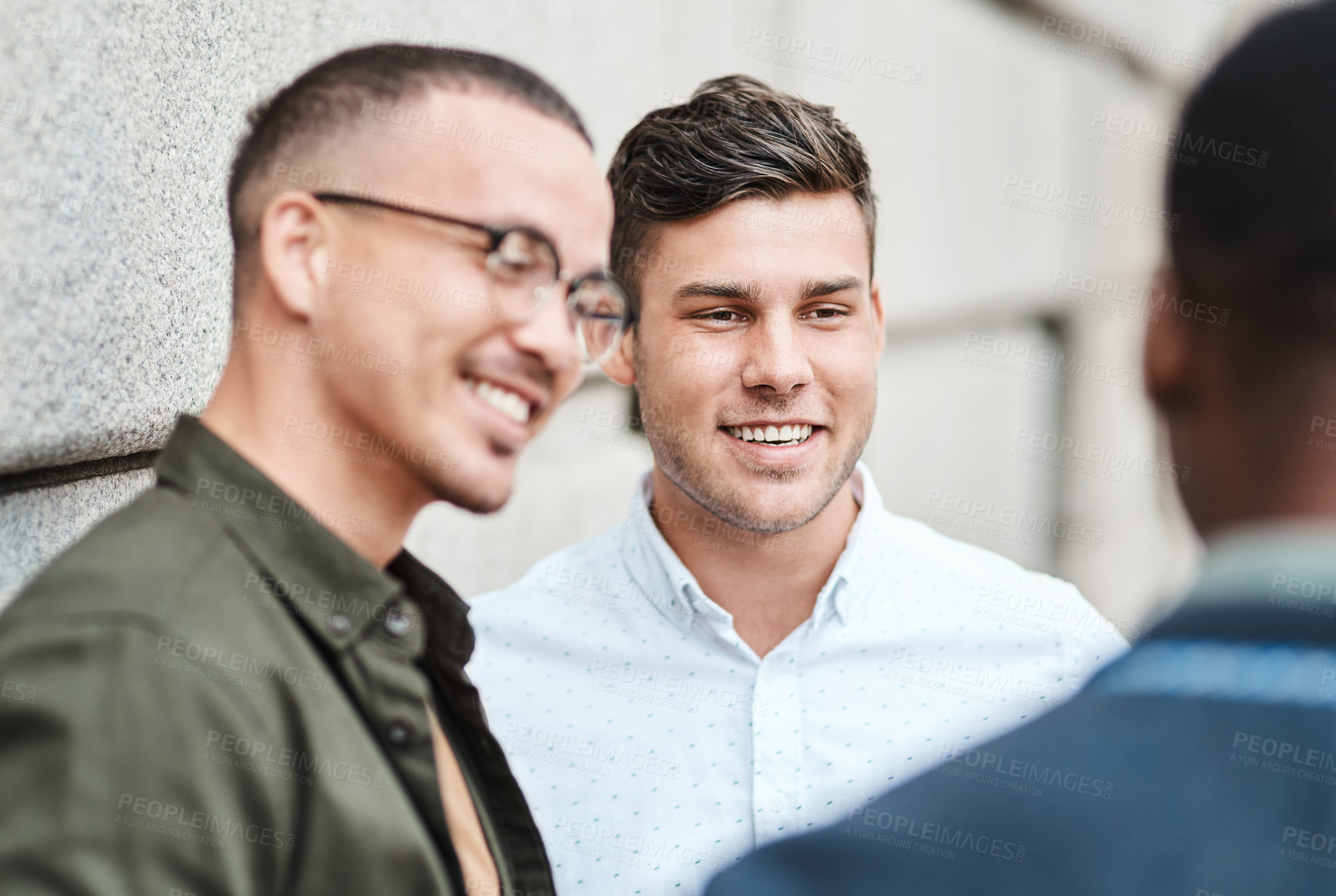 Buy stock photo Office, building and business people with smile in discussion for teamwork, support and project plan. Happy, employees and colleagues with conversation for collaboration, advice and communication