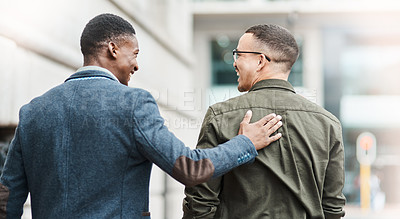 Buy stock photo Support, trust and motivation between friends, coworkers and casual men feeling happy about job opportunity or promotion while walking in city during lunch break. Proud guy congratulating his buddy
