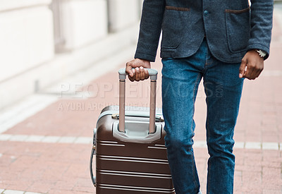 Buy stock photo Man, hands, or walking with suitcase in city for business trip, immigration or travel on sidewalk. Closeup, male person or tourist with luggage handle or baggage for transportation, flight or commute