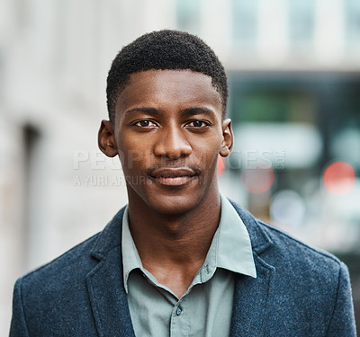 Buy stock photo Portrait of a serious business man standing with a vision for innovation in the city alone. Male entrepreneur or worker on a mission and ambition for success, cool guy over copy space.  