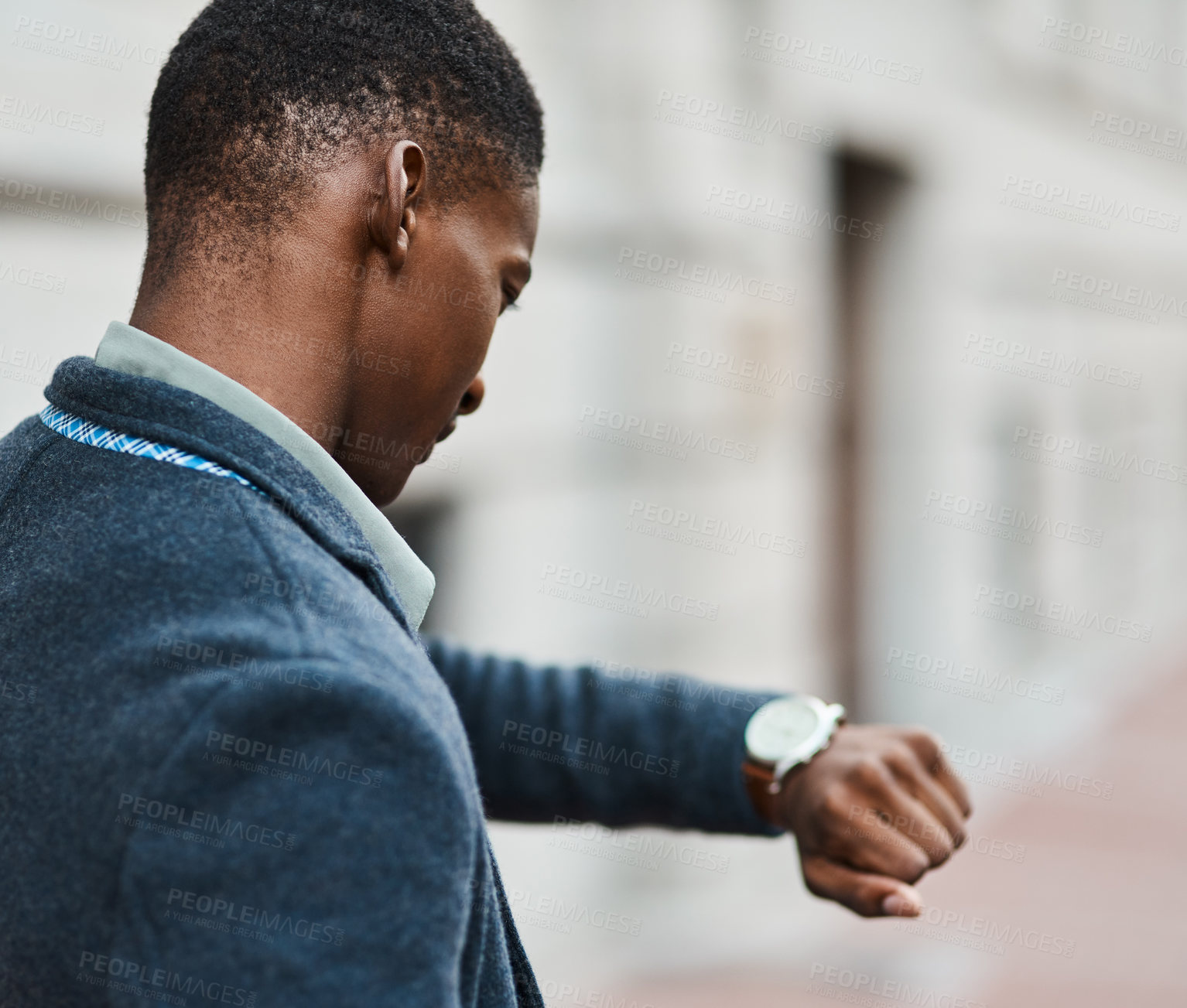 Buy stock photo Running late, checking time on watch and feeling stressed, anxious and in hurry to get to work. Rushing entrepreneur in city, town or downtown missing a morning office appointment or public transport