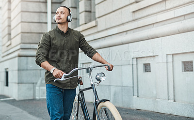 Buy stock photo Travel, headphones and man with bicycle in city for morning commute, adventure and journey. Transport, cycling and person with bike listening to music for sustainable trip, explore and outdoors