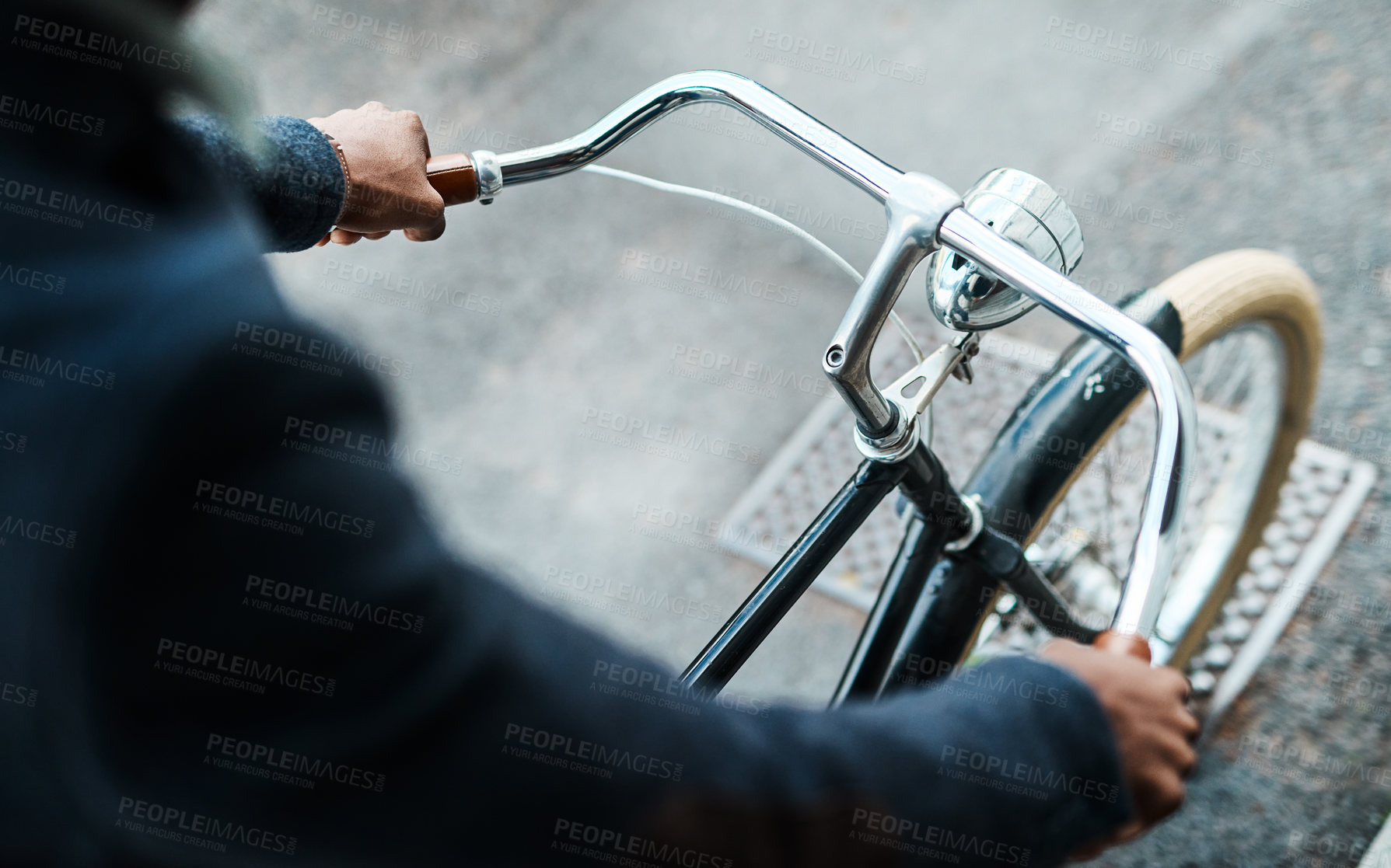 Buy stock photo Travel, hands and man with bicycle in city for morning commute, adventure and journey. Transport, cycling and person with bike in urban town for sustainable trip, explore and outdoors on street