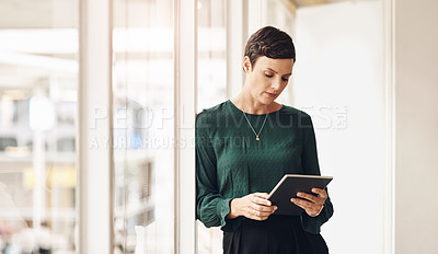 Buy stock photo Cropped shot of an attractive young businesswoman using her tablet while standing in the office