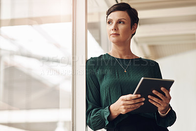 Buy stock photo Woman, tablet and online thinking in office, brainstorming and journalist ideas for column quote. Female person, professional reporter and communication with contact on app, insight and web research