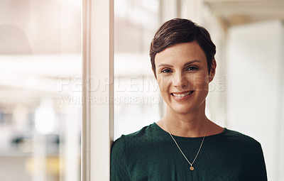 Buy stock photo Woman, portrait and entrepreneur in office, employee and proud project manager in Berlin. Female person, professional and leader of development in company mission, business commitment and drive