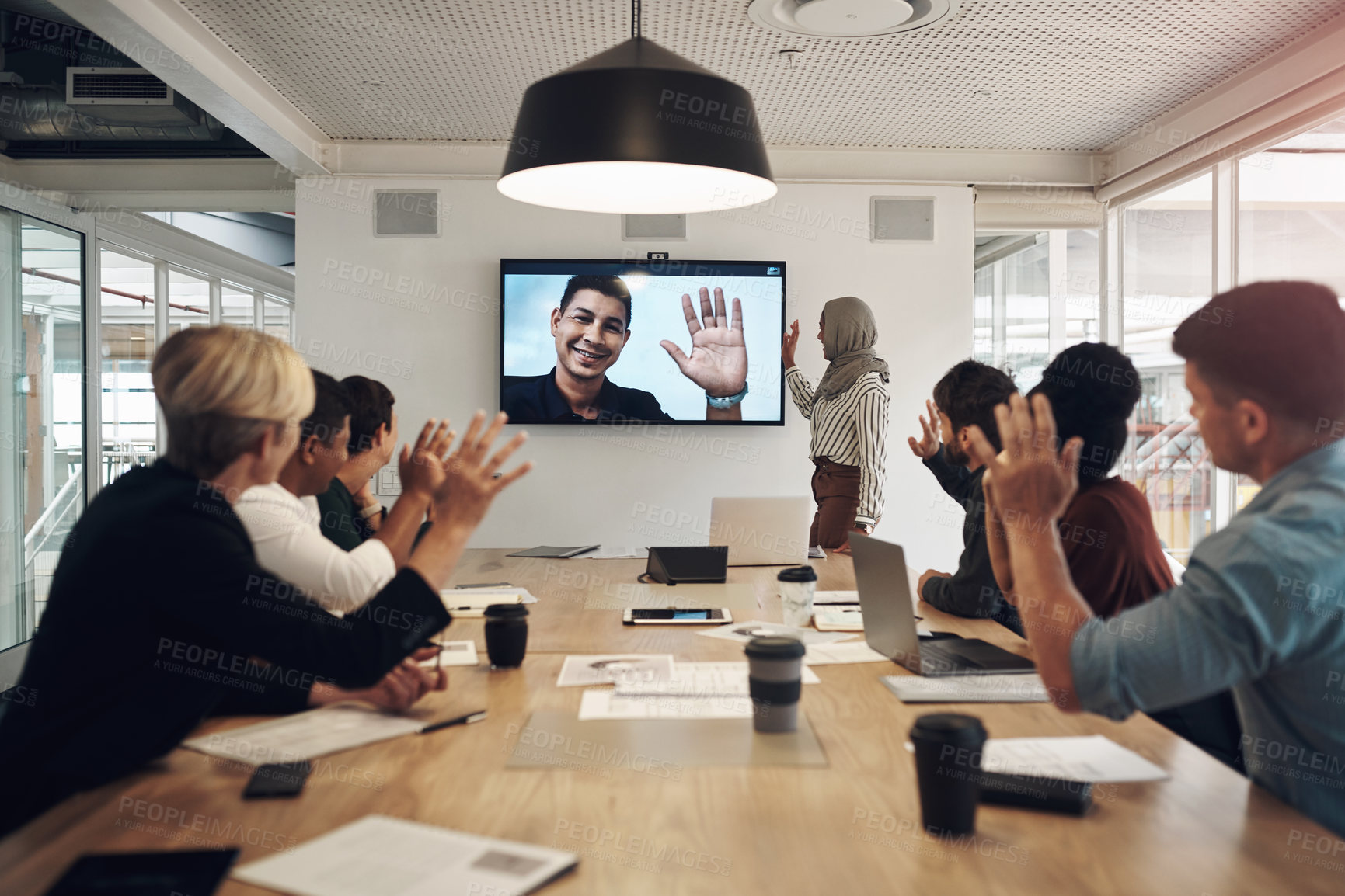 Buy stock photo Team, video conference and group for communication in business meeting or company in office. Tech, people and diversity with screen for discussion, collaboration or staff in project management agency