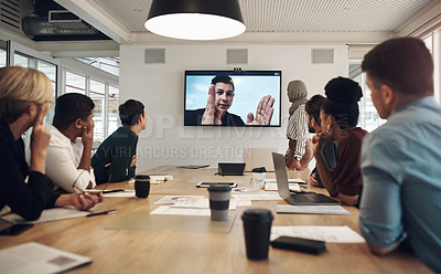 Buy stock photo Team, video conference and people for communication in business meeting or company in office. Tech, group and diversity with screen for discussion, collaboration or staff in project management agency