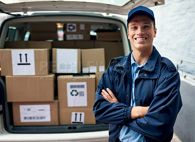 Buy stock photo Cropped shot of a handsome young man standing by his delivery van