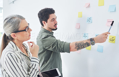 Buy stock photo Shot of two businesspeople brainstorming with notes on a wall in an office