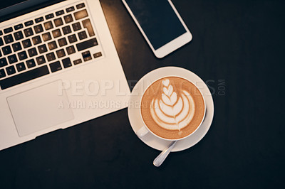 Buy stock photo Laptop, coffee and above with phone on table for online research, network and morning beverage. Technology, caffeine and mug with warm drink in restaurant for business, internet and freelance career