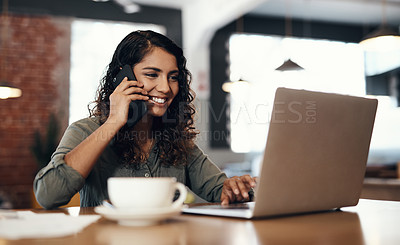 Buy stock photo Freelance, entrepreneur or small business owner talking, networking and plans on a phone call while reading emails on a laptop. Female remote worker in a cafe or coffee shop with wireless technology