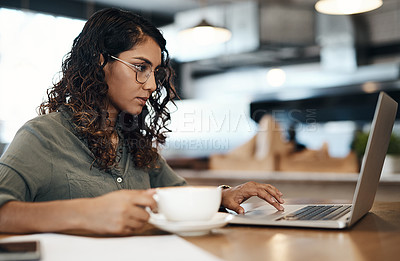 Buy stock photo Laptop, research and woman in cafe for remote work, typing and online planning with business notes. Thinking, ideas and freelance consultant in coffee shop with computer, drink or writing web article