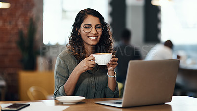 Buy stock photo Creative entrepreneur with a laptop drinking coffee, browsing internet and searching startup business ideas in cafe. Portrait of smiling, happy and inspired remote blogger or student with online blog