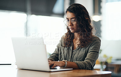Buy stock photo Business owner typing on laptop, checking emails and ordering new stock while sitting at a restaurant. Cafe manager, boss and entrepreneur networking online, updating social media page and website