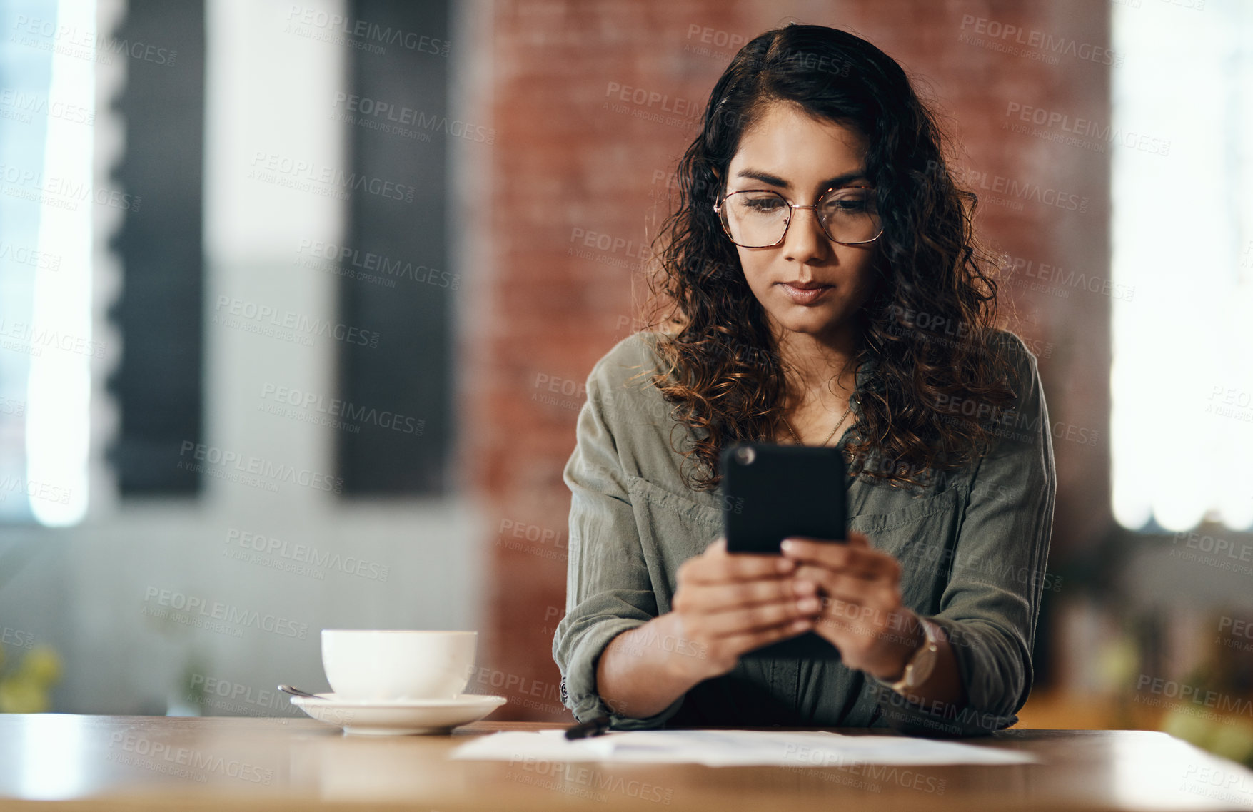 Buy stock photo Typing, phone and woman in coffee shop for remote work, communication or networking with online chat. Notes, contact and freelance consultant in cafe with smartphone, research or business connection