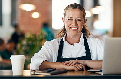 Buy stock photo Woman, portrait and laptop in cafe for planning, catering service and recipe development with apron. Entrepreneur, face and smile in bakery for small business, online menu and management with startup