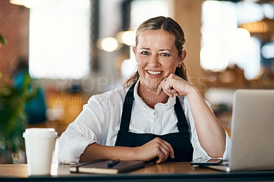 Buy stock photo Woman, face and laptop in cafe for planning, catering service and recipe development with apron. Entrepreneur, portrait and smile in bakery for small business, online menu and management with startup