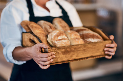 Buy stock photo Bakery, box and hands of waiter with bread for serving food, products and pastry for small business. Restaurant, cafeteria and person for service, help and baked goods for hospitality in store