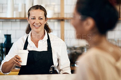 Buy stock photo Coffee shop, serving and waitress with woman for drink, caffeine beverage and cappuccino in cafe. Small business, espresso and customer with barista in restaurant or diner at breakfast service