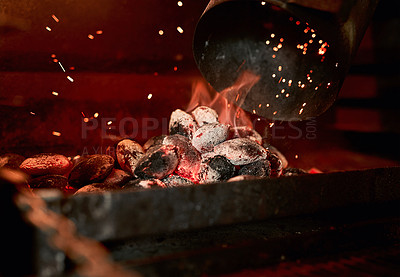 Buy stock photo Closeup shot of charcoal burning in a fireplace