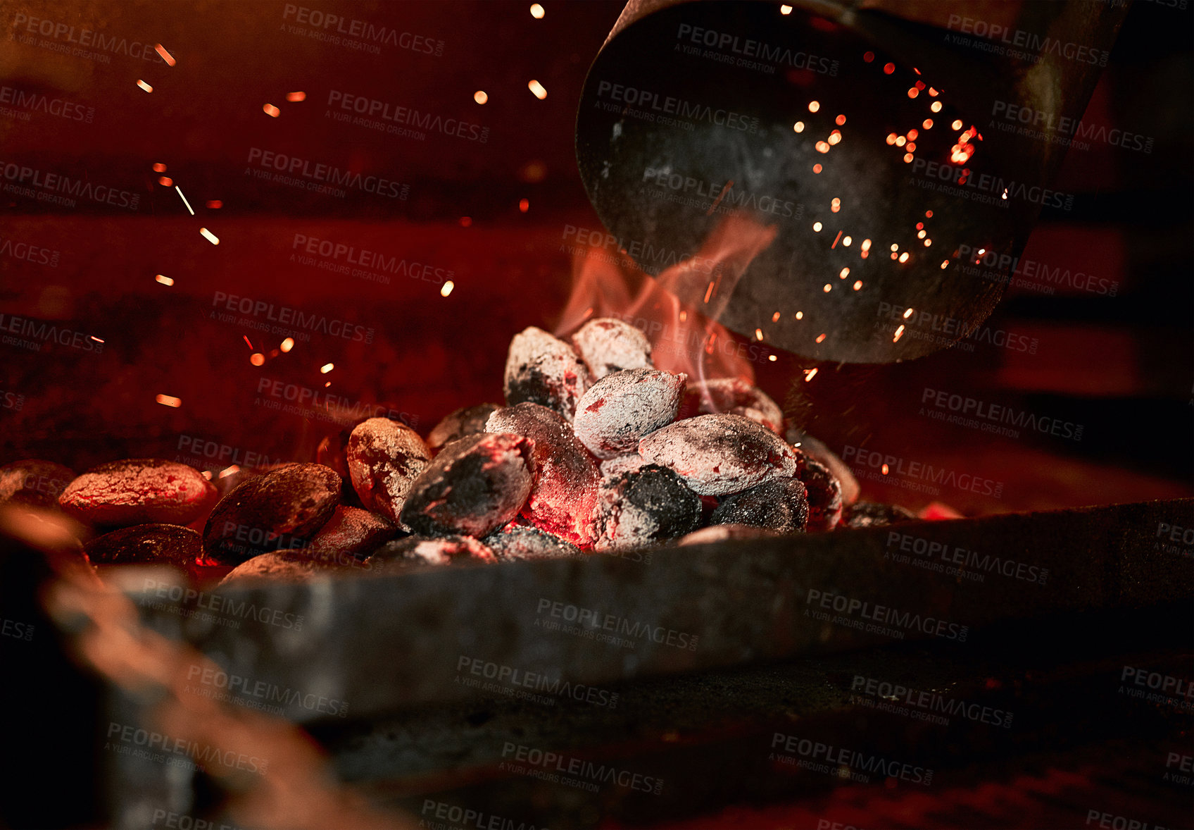 Buy stock photo Closeup shot of charcoal burning in a fireplace