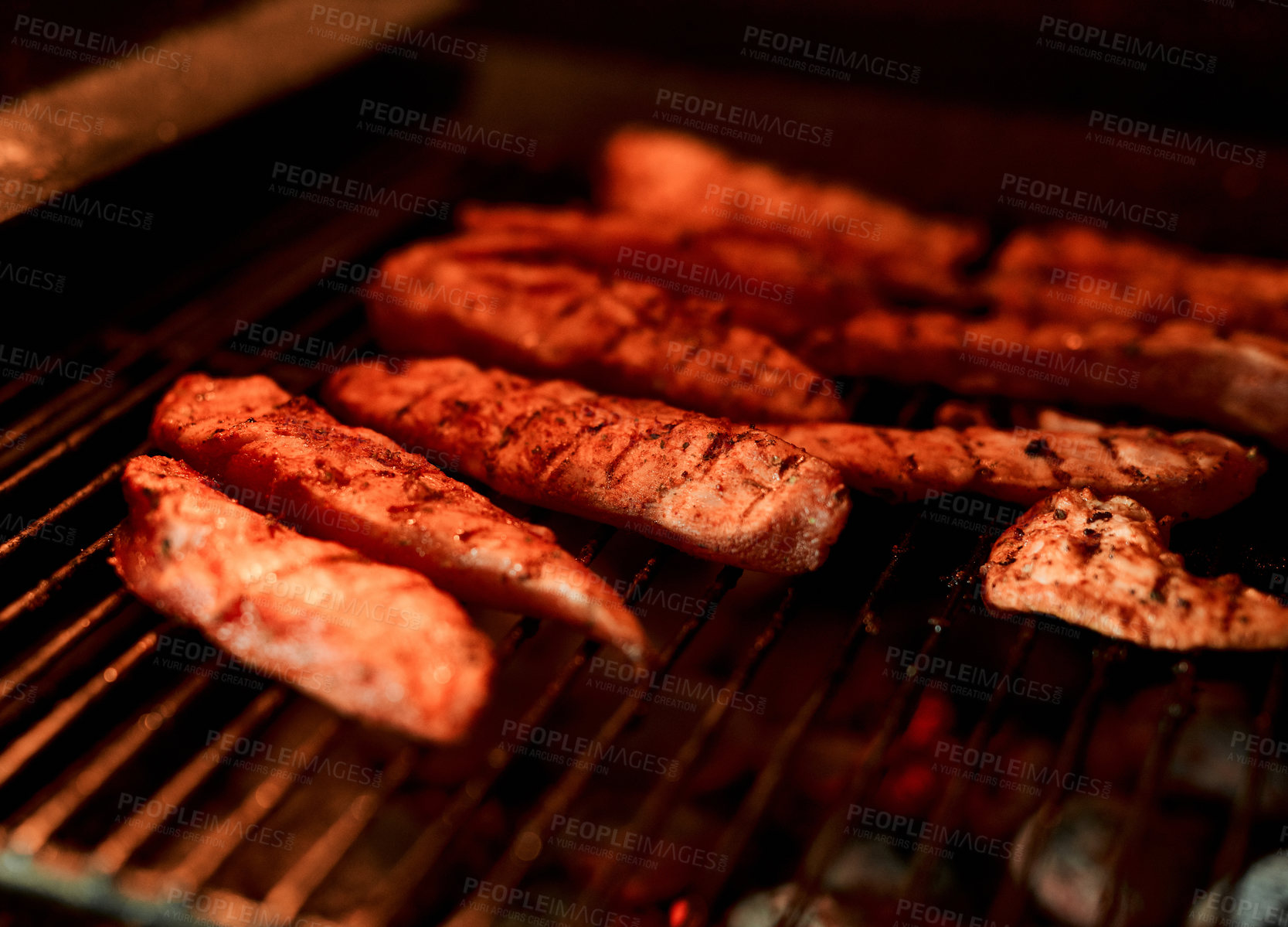 Buy stock photo Closeup, meat and grill for barbecue, celebration and event on weekend or holiday with fireplace. Zoom, cooking and bbq in food for nutrition, dinner and beef on flames in party, reunion or backyard 