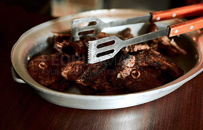 Buy stock photo Closeup shot of a dish of barbecued meat