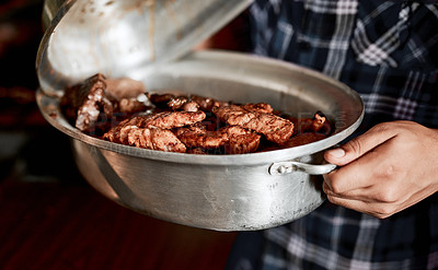 Buy stock photo Hands, meat and grill for bbq, event and celebration on weekend, holiday or lunch in pot. Person, cooking and barbecue as food for nutrition, dinner and beef in closeup for party, reunion or vacation