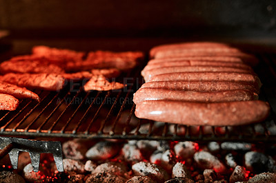 Buy stock photo Closeup shot of meat being barbecued on a grill