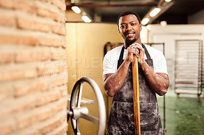 Buy stock photo Black man, portrait and oven for chef, small business owner and pastry kitchen workshop. African baker, confidence and catering for coffee shop and cafe startup for restaurant industry store