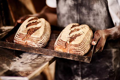 Buy stock photo Cropped shot of a male baker holding freshly baked bread in his bakery